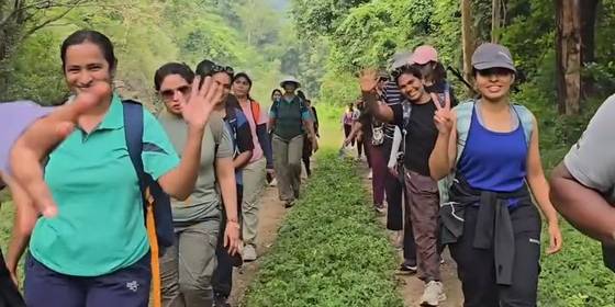 Team trekking a forest trail