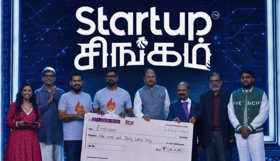 The Exoticamp team on the Startup Singam stage receiving their funding cheque from the show's panel